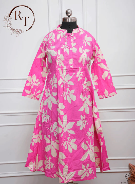 Pink Printed Cotton Long Kurti