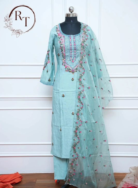 Sky Blue Embroidered Straight Cut 3 Piece Set