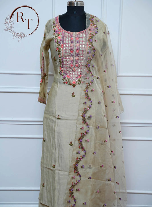 Ivory Pink Embroidered Straight Cut 3 Piece Set