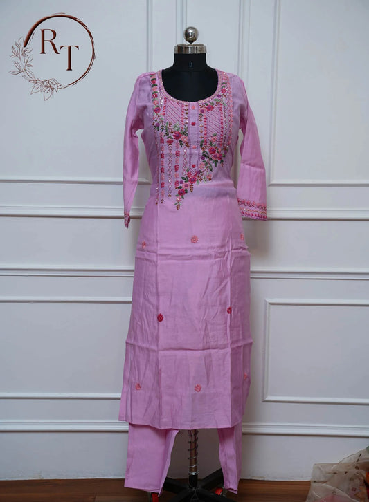 Baby PinkEmbroidered Straight Cut 3 Piece Set