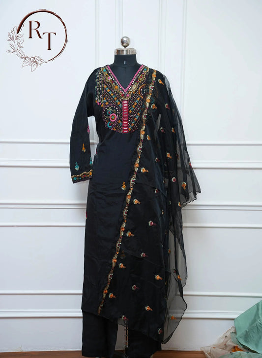 Black Multicolor Embroidered Straight Cut 3 Piece Set