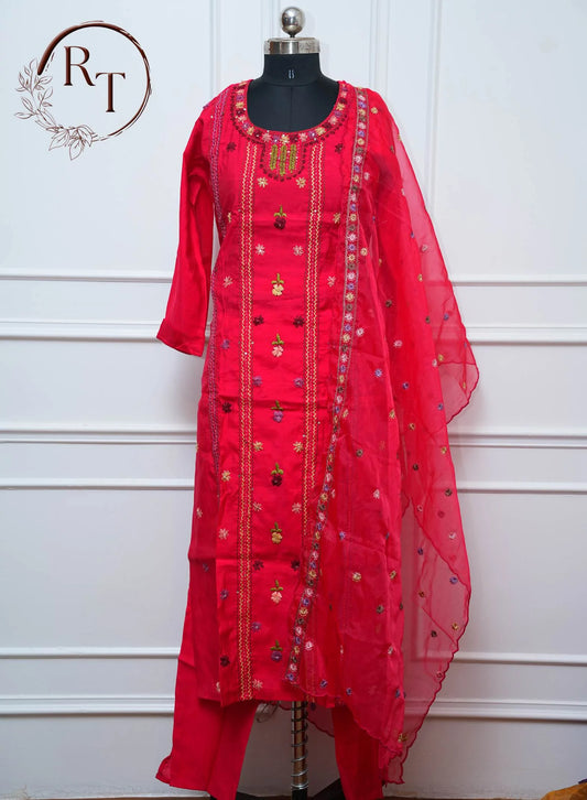 Red Embroidered Straight Cut 3 Piece Set