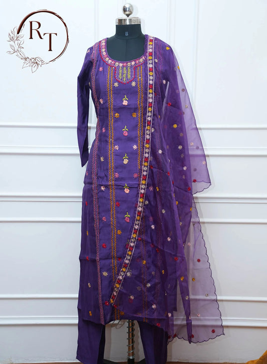 Purple Embroidered Straight Cut 3 Piece Set