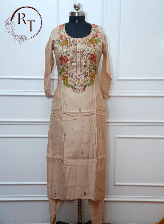 Beige Floral Embroidered Straight Cut 3 Piece Set