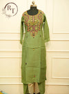 Olive Green Embroidered Straight Cut 3 Piece Set