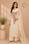 Ivory Red Floral Printed Mull Chanderi A-Line Suit Set with Dupatta (RT1371)