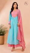 Aqua Blue & Pink Floral Embroidered Mull Chanderi A-Line Suit Set (RT1332)