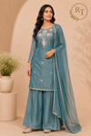 Teal Blue Floral Grace Embroidered Palazzo Suit Set (RT1358)