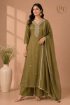 Olive Green Embroidered Imported Fabric 3-Piece Straight Cut Set (RT1401)