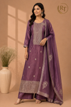 Plum Purple Embroidered Chanderi Tissue Silk 3-Piece Straight Cut Set (RT1403)