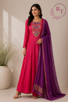 Fuchsia Pink & Royal Purple Embroidered Mull Chanderi Anarkali Set (RT1257)