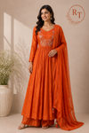 Sunset Orange Embroidered Mull Chanderi Suit Set (RT1271)