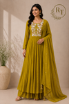 Olive Mustard Floral Embroidered Mull Chanderi Anarkali Set (RT1267)