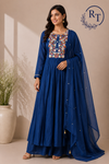 Royal Blue Floral Embroidered Mull Chanderi Anarkali Set (RT1268)