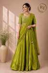 Luminous Lime Green Embroidered Satin Lehenga Set with Draped Dupatta (RT1297)