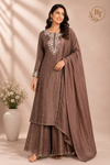 Coffee Pearl Chinon Embroidered Sharara Set (RT1170)