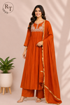 Burnt Orange Grace Premium Mull Chanderi A-Line Suit Set (RT1188)