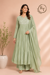 Sage Serenity Mull Chanderi Embroidered 3 Piece Suit Set (RT1224)