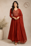 Rust Ember Bloom Premium Mull Chanderi A-Line 3 Piece Suit Set (RT1154)