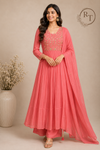 Coral Petal Glow Premium Mull Chanderi A-Line 3 Piece Suit Set (RT1157)