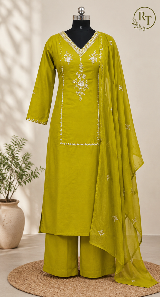 Olive Elegance Embroidered Mull Cotton Suit Set (RT1053)