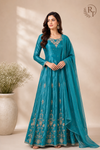 Teal Elegance Chinon Embroidered Anarkali Suit Set (RT1035)