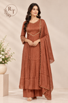 Terracotta Rust A-Line Embroidered Mull Chanderi Suit (RT1500)