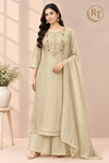 Champagne Beige Salsa Embroidered 3-Piece Straight-Cut Suit Set (RT1513)
