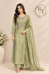 Sage Green Floral Embroidered Meraki A-Line Suit Set with Dupatta (RT1524)