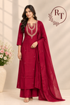 Ruby Red Embroidered Mull Chanderi A-Line Suit Set (RT1538)