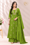 Lime Green Floral Embroidered Coral Silk A-Line Suit Set (RT1638)