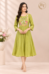 Lime Green Chanderi Flared Frock with Deer & Floral Embroidery (RT1681)