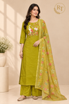 Lime Green Mull Chanderi Straight Cut 3-Piece Set with Bird & Floral Embroidery (RT1687)