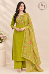 Lime Green Mull Chanderi Straight Cut 3-Piece Set with Floral Embroidery (RT1690)