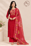 Red Mull Chanderi Straight Cut 3-Piece Set with Floral Embroidered Yoke & Printed Dupatta (RT1689)