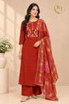 Rust Orange Mull Chanderi Straight Cut 3-Piece Set with Embroidered Yoke & Floral Dupatta (RT1685))
