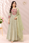 Sage Mist Floral Embroidered Poly Mull Chanderi A-Line Suit Set (RT1697)
