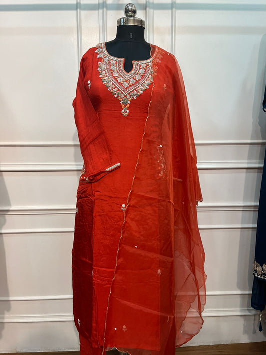 Elegant Orange Dolla Silk Embroidered Kurta 3PC Set (RT 1007)