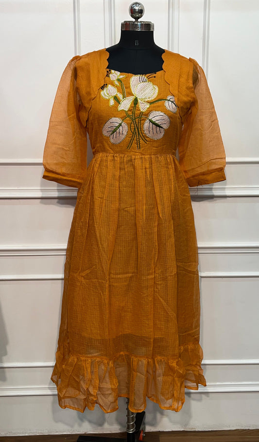 Mustard Bloom Embroidered Kota Frock(RT3014)