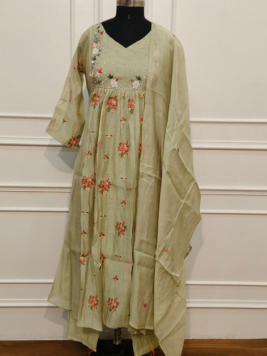 Pestal Green Mull chenderi embroidery 3pc anarkali set 235
