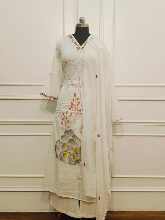 Elegant Off-White Cotton Floral Printed 3pc Kurta Set 185