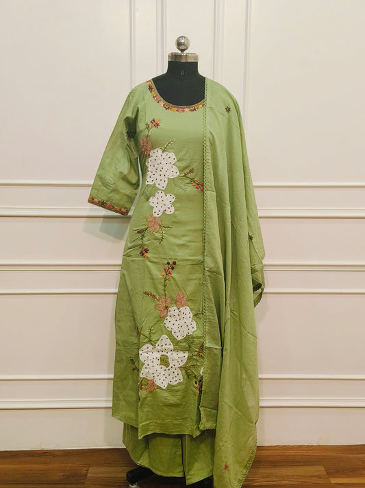 Elegant Pastel Green Cotton Floral 3pc Kurta Set 195