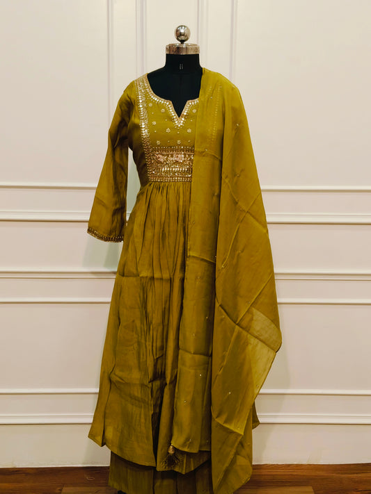 Mehandhi green Mull chenderi embroidery 3pc anarkali set 245