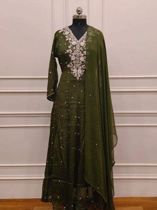 Emerald Green Chinon Anarkali 3pc set with Hand MagamWork 365