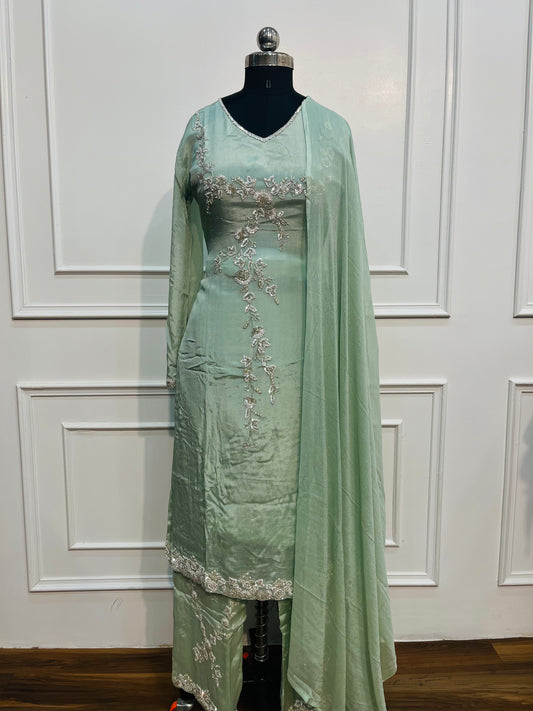 SeaGreen Chinon Hand Magam work 3pc kurthi set