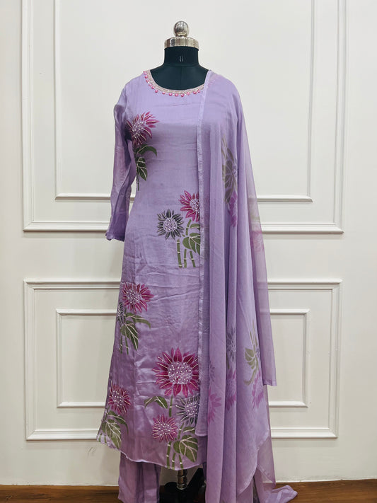 Lavender chinon brush paint design 3pc kurtha set 275