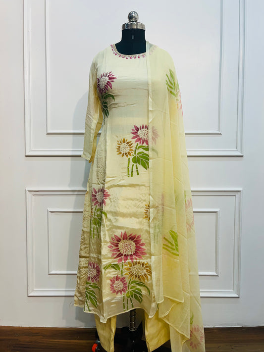 Yellow chinon BrushPaint design 3pc kurthi set 275