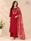 Red Mull Chanderi Straight Cut 3-Piece Set with Embroidered Yoke & Floral Dupatta (RT1683)