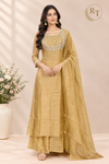 Mustard Gold Floral Embroidered A-Line 3-Piece Suit Set (RT1572)
