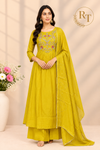 Mustard Yellow Floral Embroidered Mull Chanderi A-Line Suit Set (RT1673)